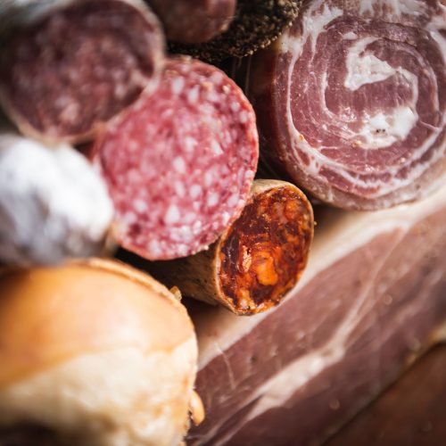 Closeup of charcuterie meat products food photography recipe idea