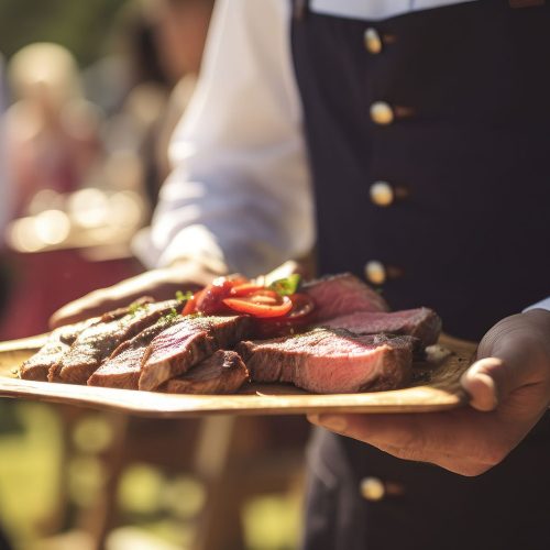 Waiter in an apron carries an order on a dish in a restaurant. Served grilled steak with vegetables on the board. Service in the restaurant