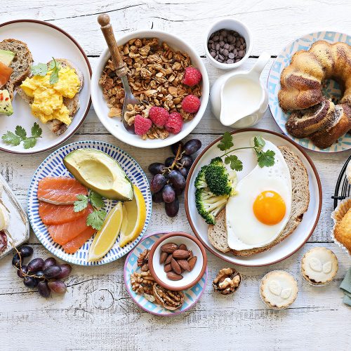 Brunch. Family breakfast or brunch set served on rustic wooden t